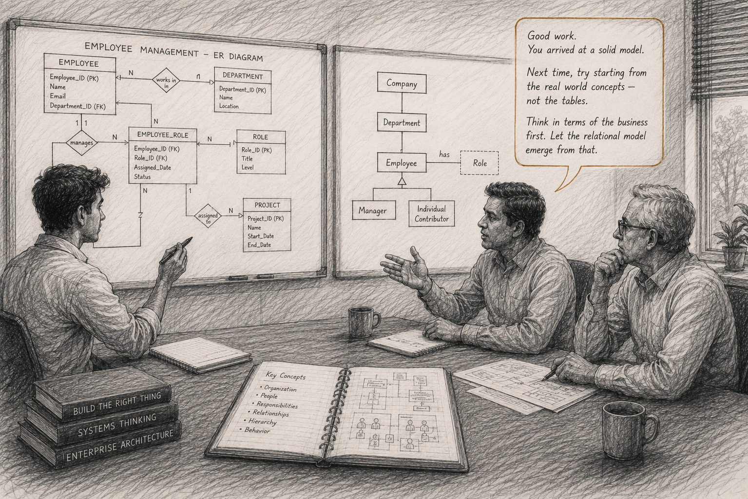 Pencil sketch of a whiteboard design discussion
